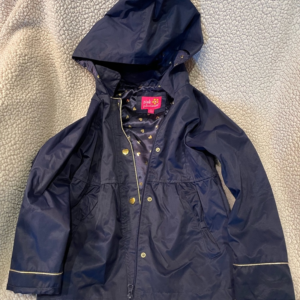 Girls Navy Raincoat with Gold Details. Size 6x